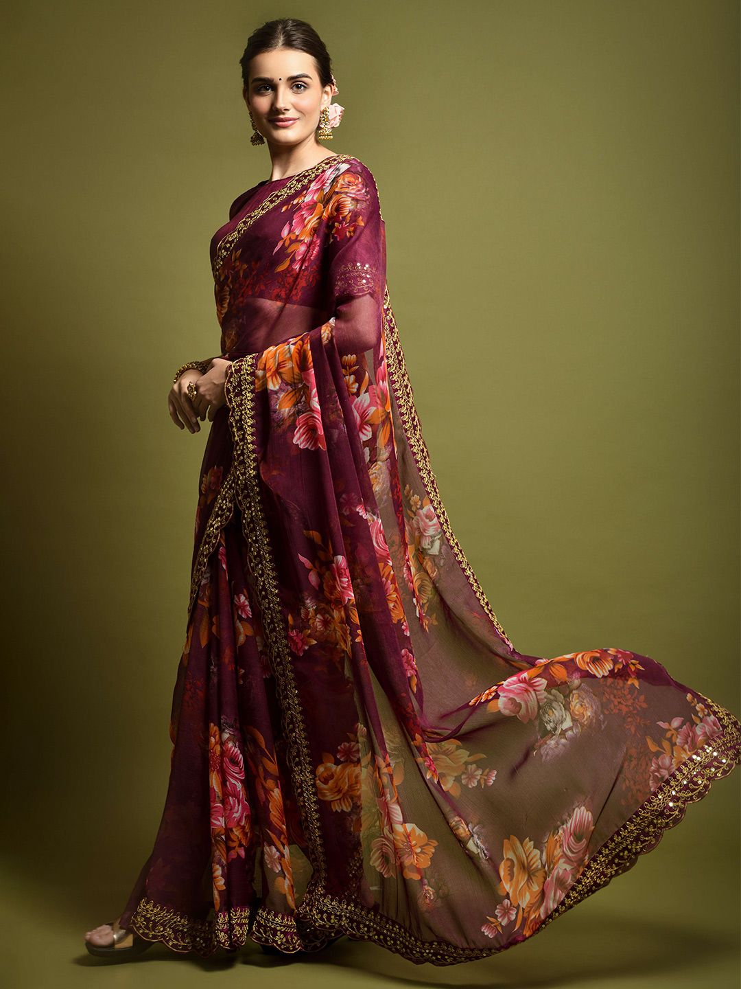 Maroon Floral Printed Saree with Embroidered Border