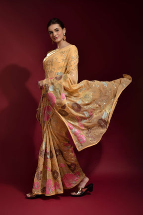 Mustard Georgette Saree with Floral Design