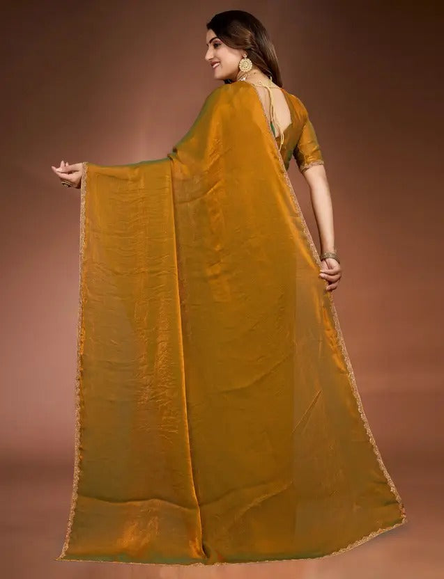Solid/Plain Bollywood Chiffon, Silk Blend Saree  (Mustard)
