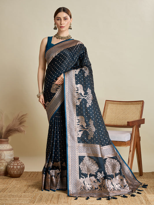 Navy Blue Color Soft Silk Zari Weaving Saree for Wedding And Party