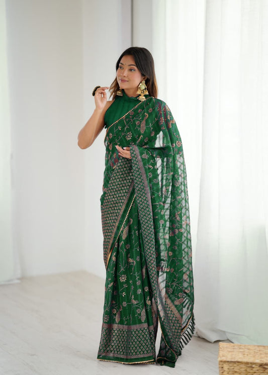 Elegant Green Color Georgette Party Wear Saree with Foil Print & Fancy Zalar Lace