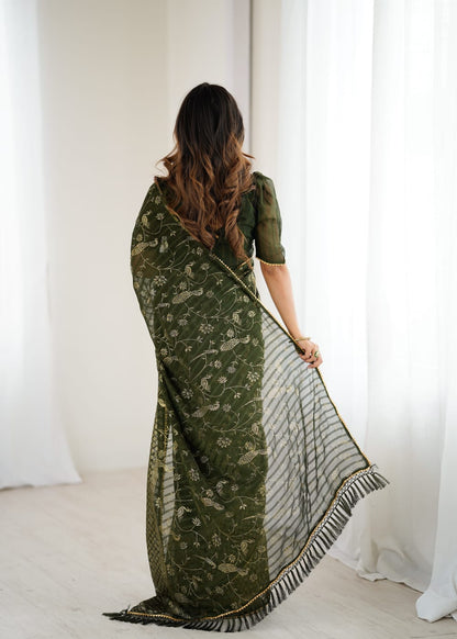 Elegant Mehandi Color Georgette Party Wear Saree with Foil Print & Fancy Zalar Lace