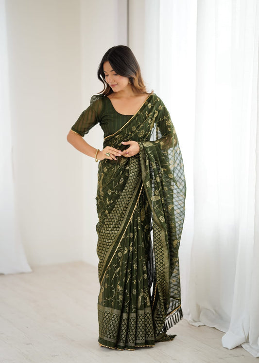 Elegant Mehandi Color Georgette Party Wear Saree with Foil Print & Fancy Zalar Lace