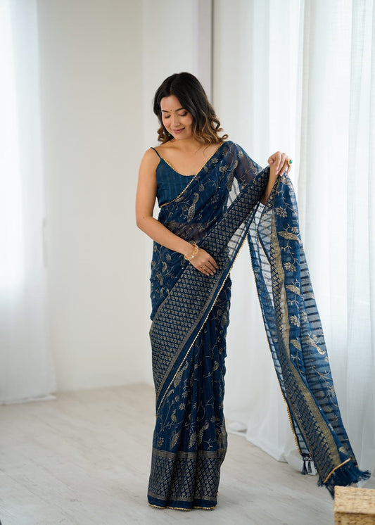 Elegant Morpitch Color Georgette Party Wear Saree with Foil Print & Fancy Zalar Lace