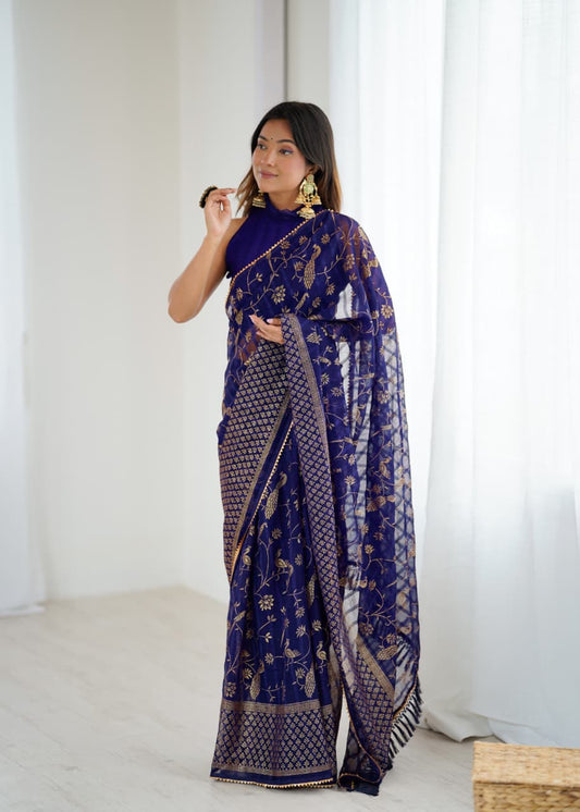 Elegant Navy Blue Color Georgette Party Wear Saree with Foil Print & Fancy Zalar Lace