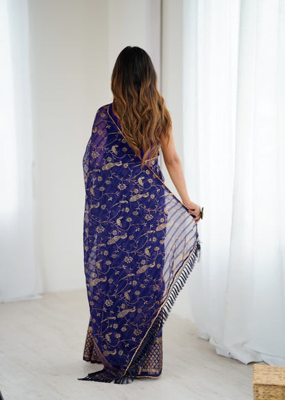 Elegant Navy Blue Color Georgette Party Wear Saree with Foil Print & Fancy Zalar Lace