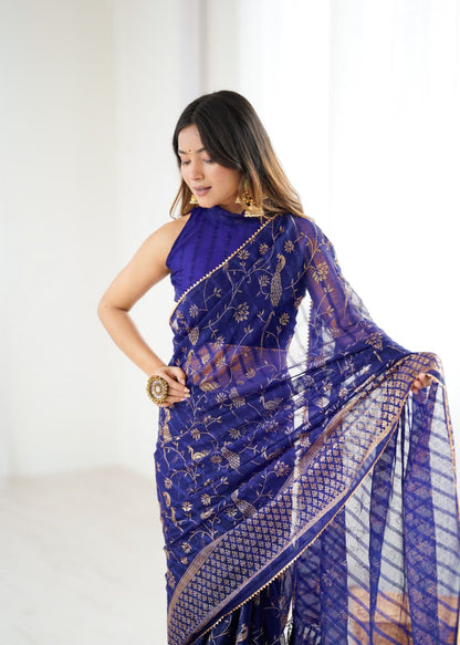 Elegant Navy Blue Color Georgette Party Wear Saree with Foil Print & Fancy Zalar Lace