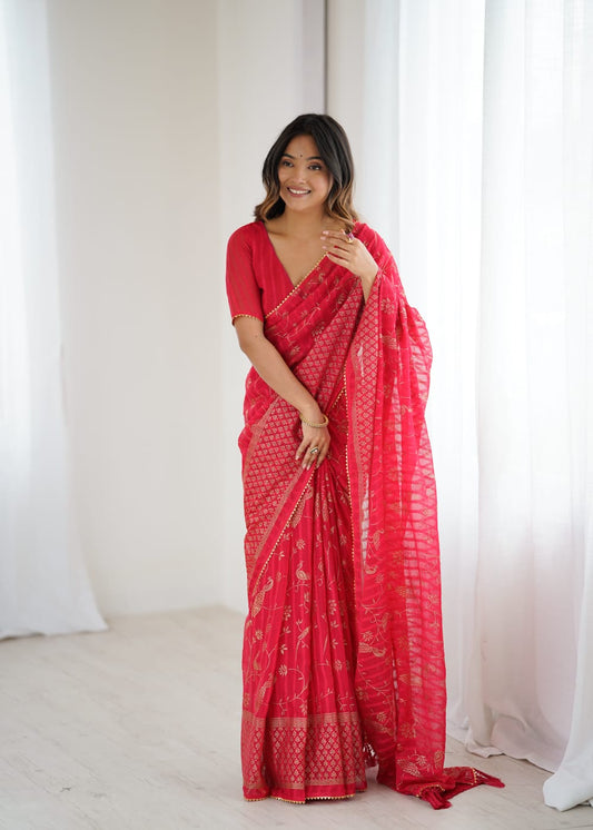 Elegant Pink Color Georgette Party Wear Saree with Foil Print & Fancy Zalar Lace