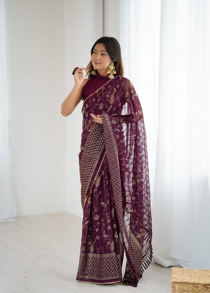 Elegant Purple Color Georgette Party Wear Saree with Foil Print & Fancy Zalar Lace