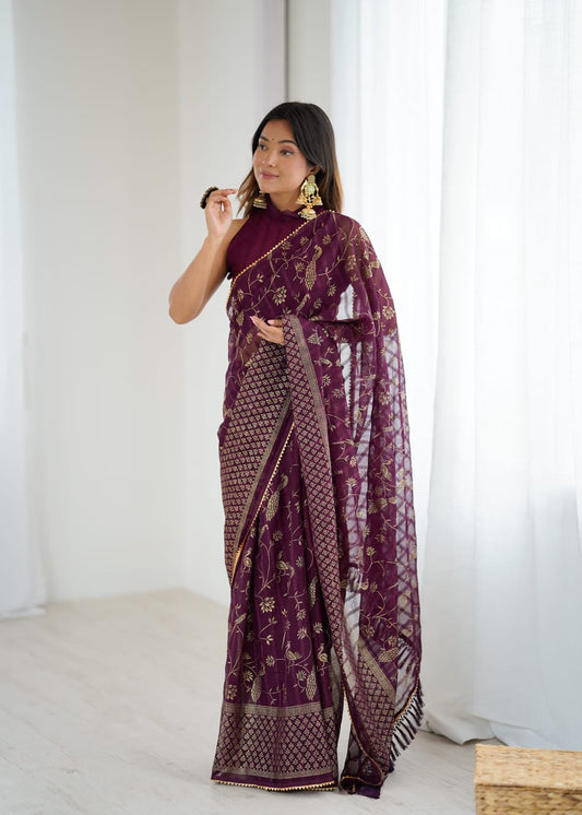 Elegant Purple Color Georgette Party Wear Saree with Foil Print & Fancy Zalar Lace