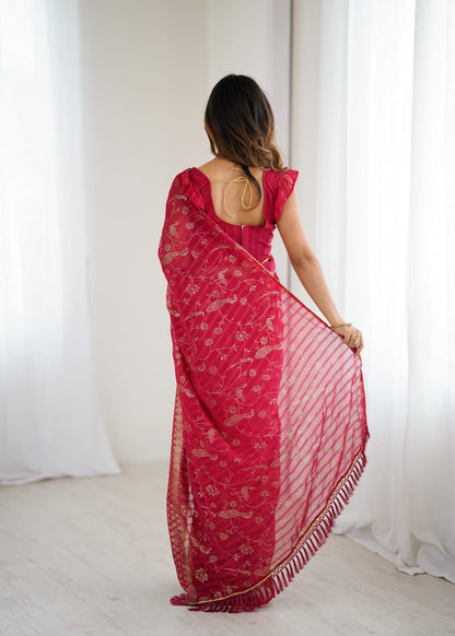 Elegant Red Color Georgette Party Wear Saree with Foil Print & Fancy Zalar Lace