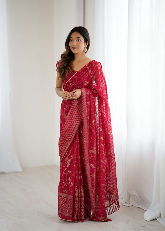 Elegant Red Color Georgette Party Wear Saree with Foil Print & Fancy Zalar Lace