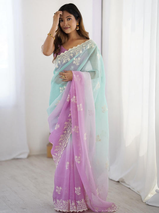 Aqua Green And Lavander Candy Crush Party Wear Saree