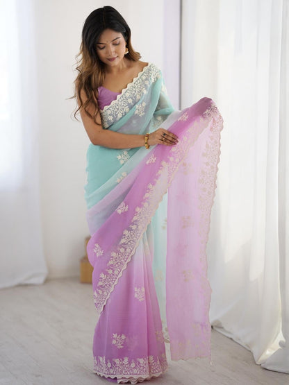 Aqua Green And Lavander Candy Crush Party Wear Saree