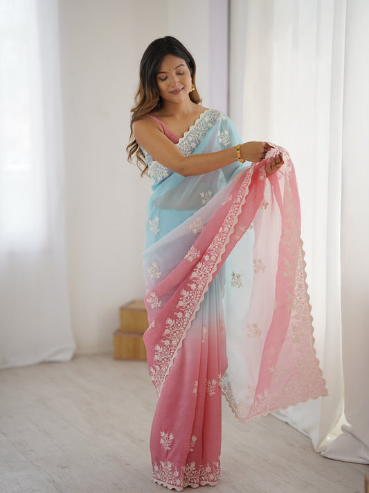 Light Blue and Pink Candy Crush Party Wear Saree