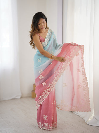 Light Blue and Pink Candy Crush Party Wear Saree
