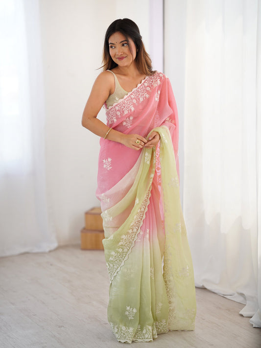 Pink And Light Green Candy Crush Party Wear Saree