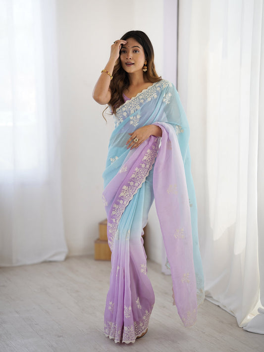 Sky Blue & Lavender Candy Crush Party Wear Saree