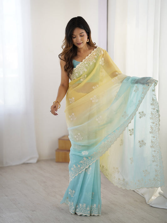 Yellow And Sky blue Candy Crush Party Wear Saree