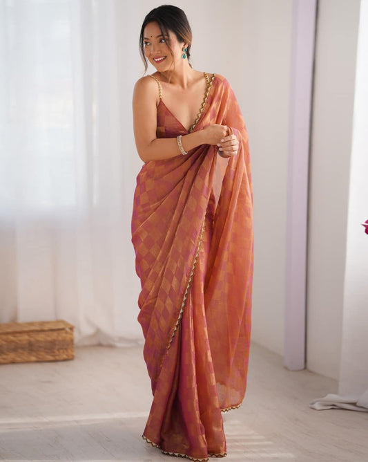Peach Chiffon Party Wear Saree with Elegant Fancy Lace Border