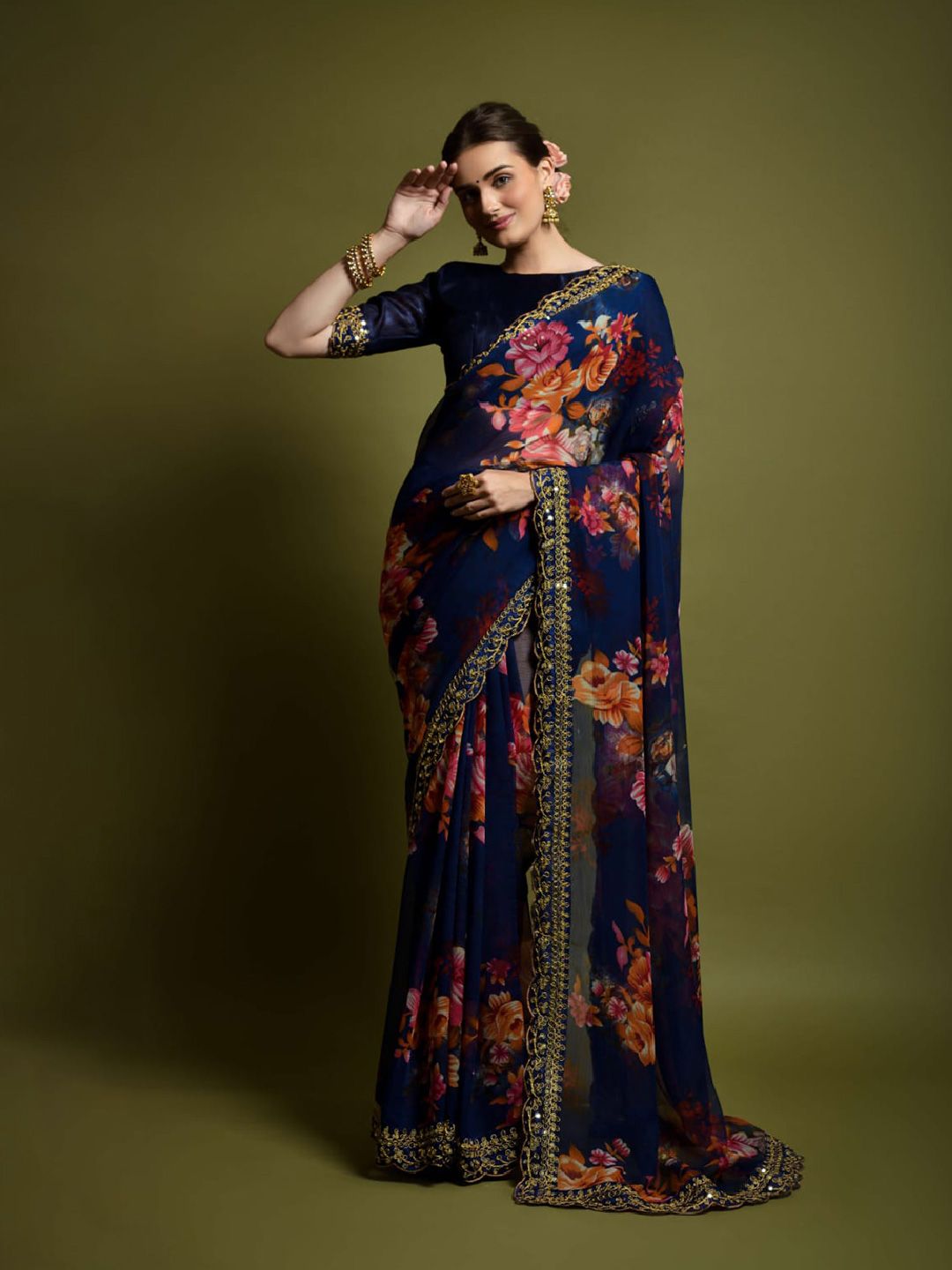 Navy Blue Floral Printed Embroidered Zardozi Saree