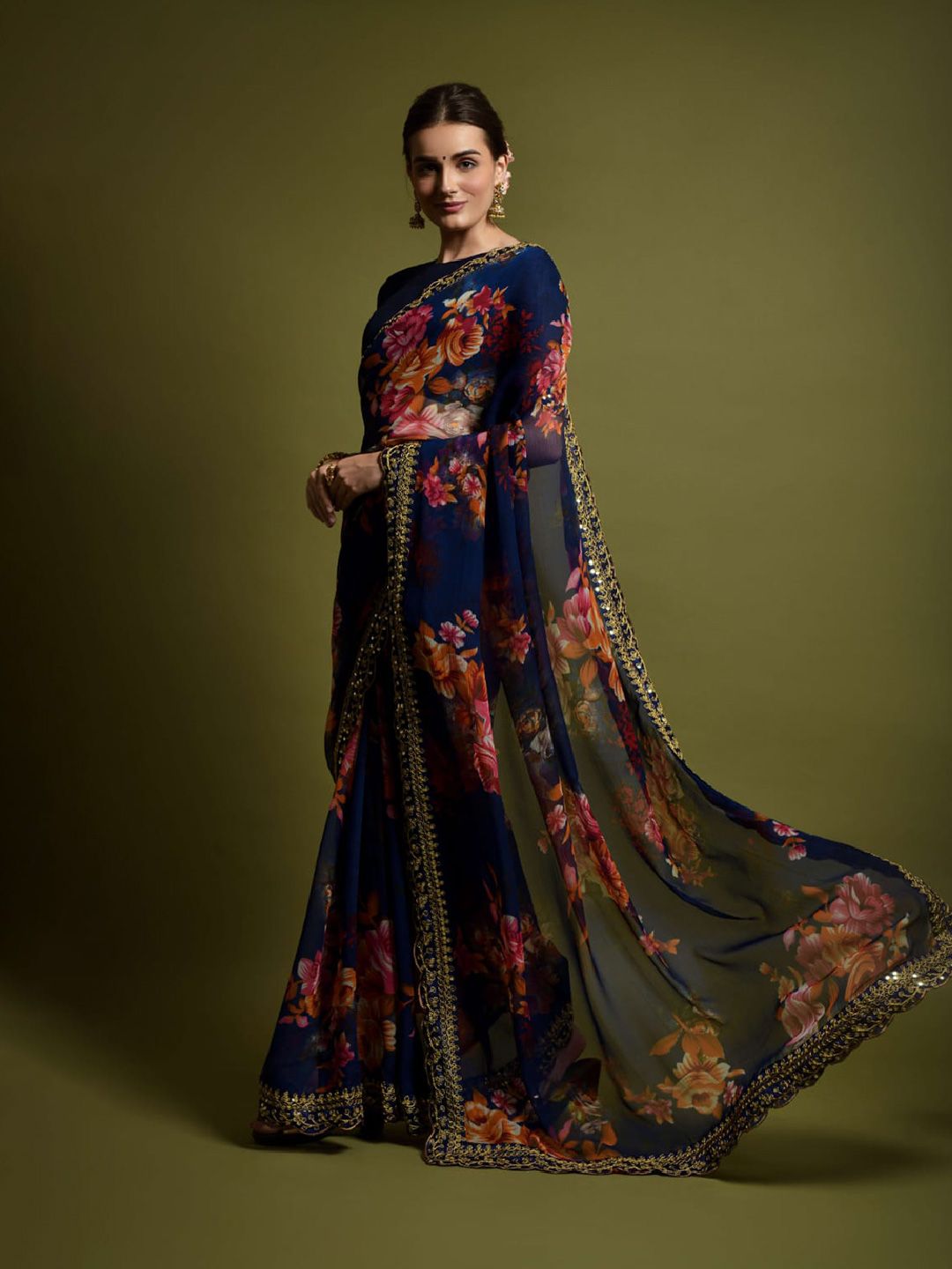 Navy Blue Floral Printed Embroidered Zardozi Saree