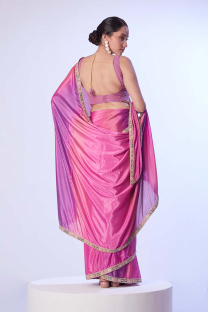 Chinon fabric digital printed saree with designer lace and unstitched blouse