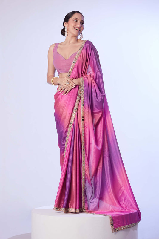Chinon fabric digital printed saree with designer lace and unstitched blouse