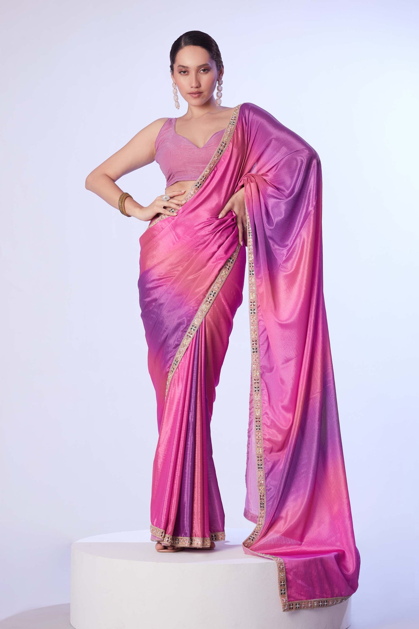 Chinon fabric digital printed saree with designer lace and unstitched blouse