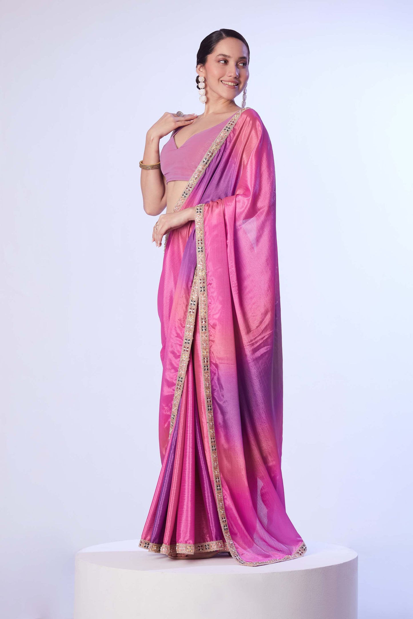 Chinon fabric digital printed saree with designer lace and unstitched blouse