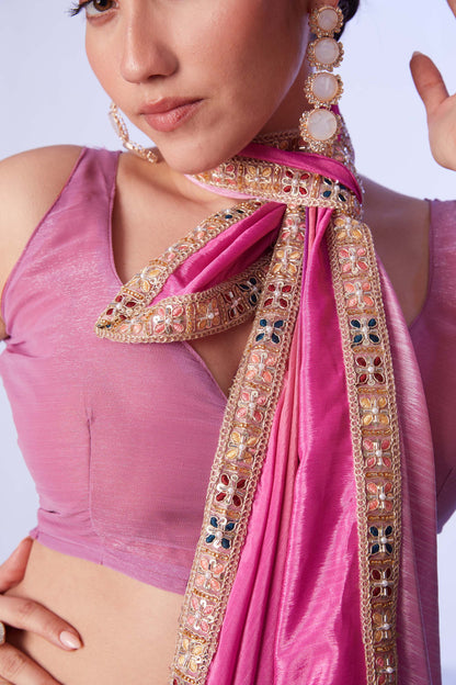 Chinon fabric digital printed saree with designer lace and unstitched blouse