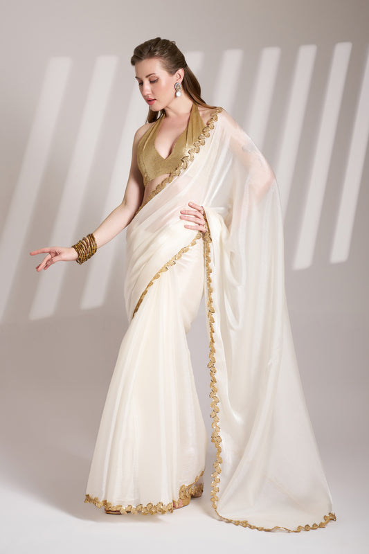 Elegant Off White Burberry Organza Saree with Designer Lace – Party Wear