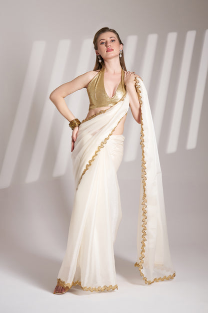 Elegant Off White Burberry Organza Saree with Designer Lace – Party Wear