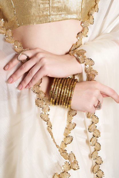Elegant Off White Burberry Organza Saree with Designer Lace – Party Wear