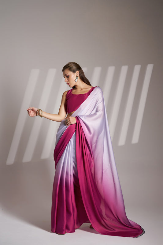 Pink and Off White Color Chinon Party Wear Saree with Fancy Lace