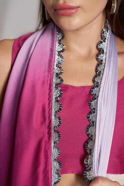 Pink and Off White Color Chinon Party Wear Saree with Fancy Lace