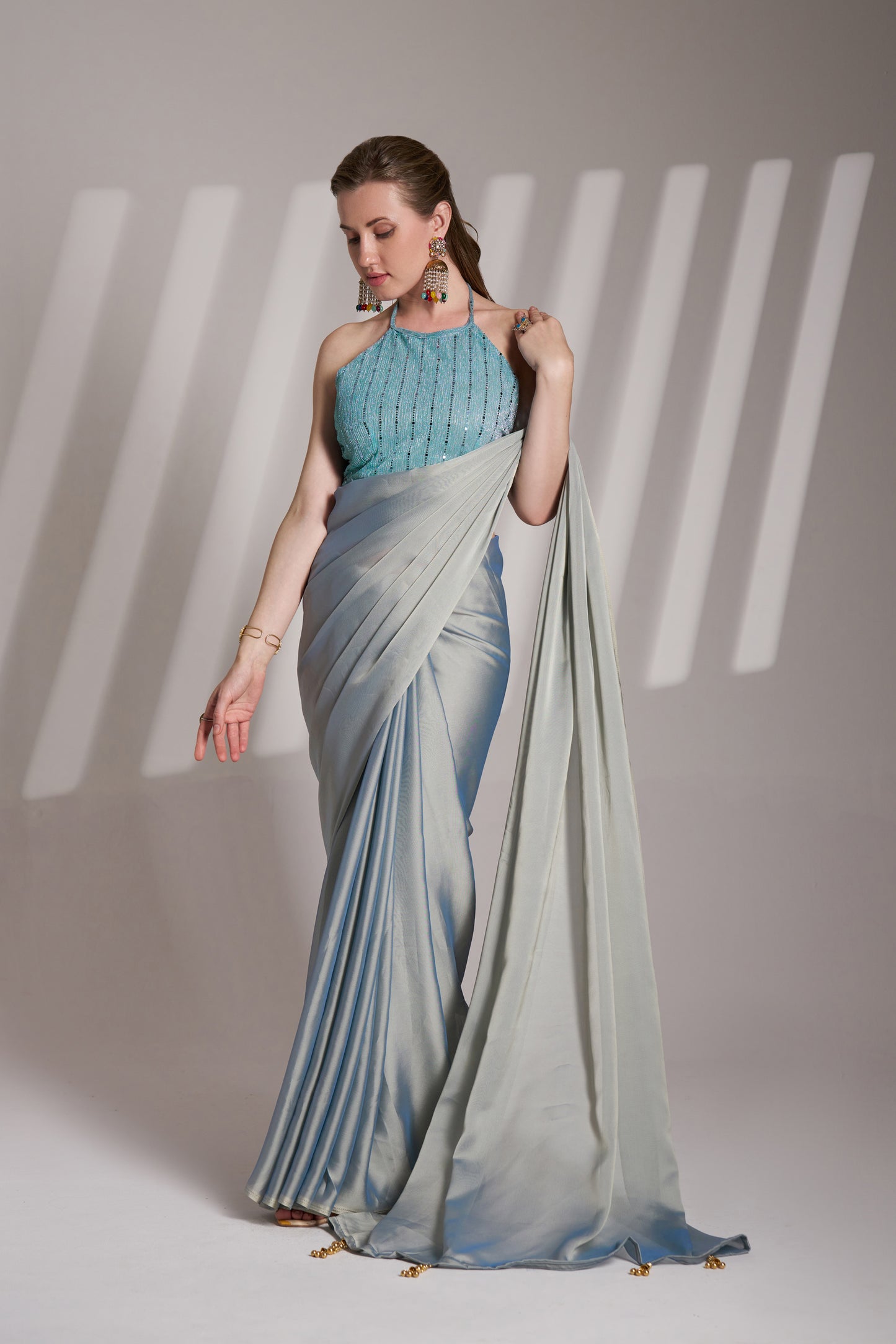 Grey Color Satin Rangoli Saree with Fancy Lace and Unstitched Blouse – Party & Festive Wear