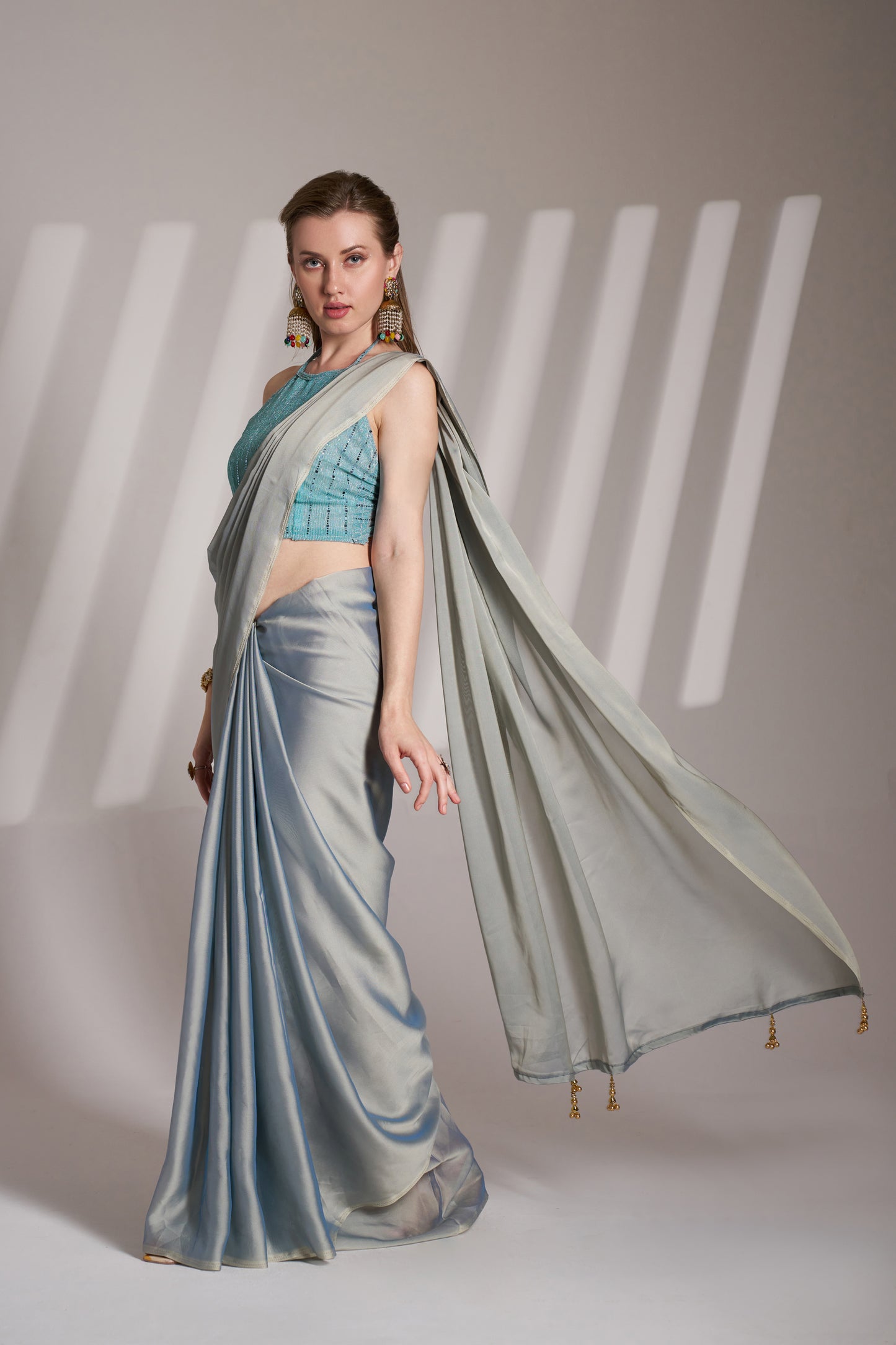 Grey Color Satin Rangoli Saree with Fancy Lace and Unstitched Blouse – Party & Festive Wear