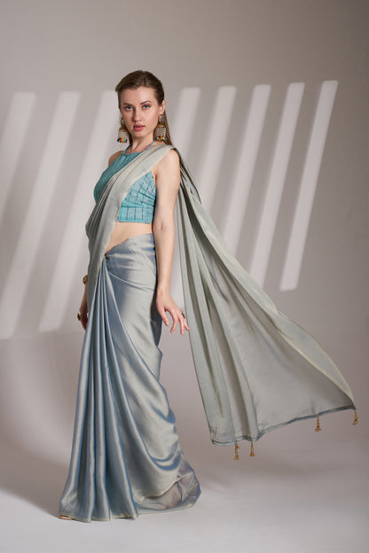 Grey Color Satin Rangoli Saree with Fancy Lace and Unstitched Blouse – Party & Festive Wear