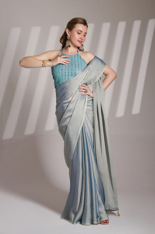 Grey Color Satin Rangoli Saree with Fancy Lace and Unstitched Blouse – Party & Festive Wear