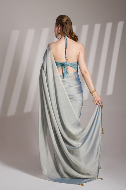 Grey Color Satin Rangoli Saree with Fancy Lace and Unstitched Blouse – Party & Festive Wear