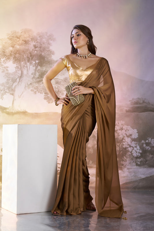 Brown Satin Rangoli Saree with Fancy Lace & Unstitched Blouse