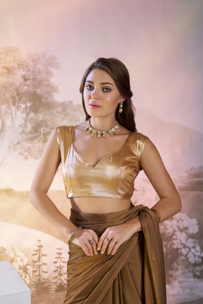 Brown Satin Rangoli Saree with Fancy Lace & Unstitched Blouse
