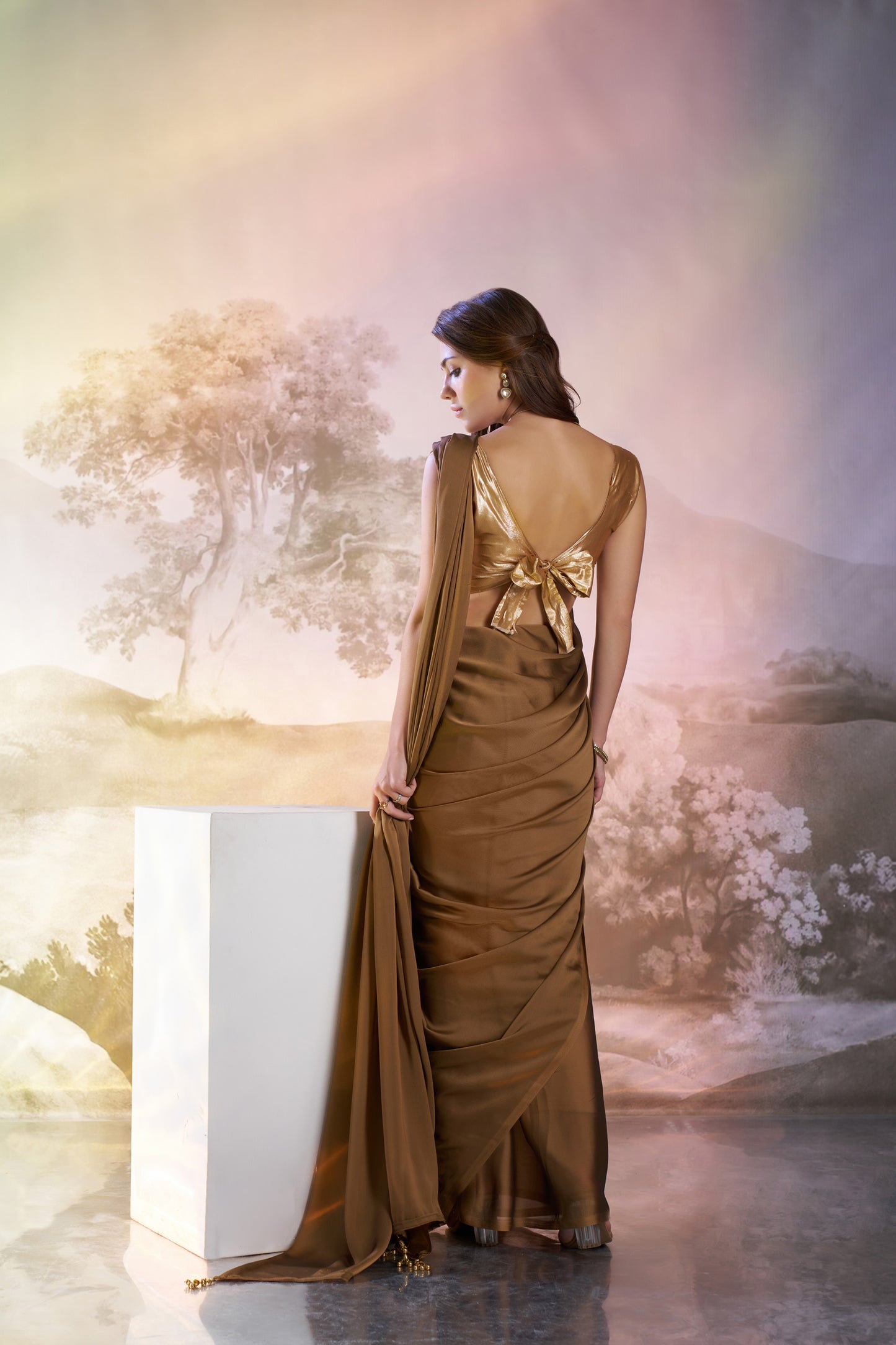 Brown Satin Rangoli Saree with Fancy Lace & Unstitched Blouse