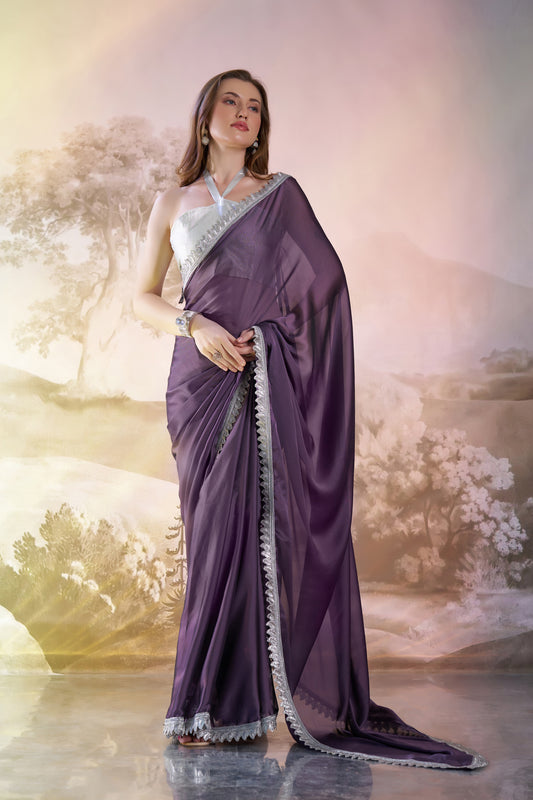 Stunning Plum Purple Satin Rangoli Saree for Special Occasions with Designer Lace