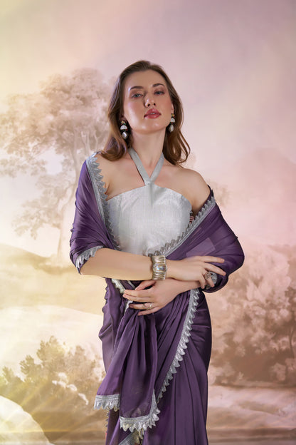 Stunning Plum Purple Satin Rangoli Saree for Special Occasions with Designer Lace