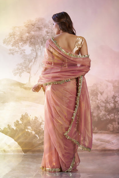 Light peach twill net saree with designer lace and unstitched blouse