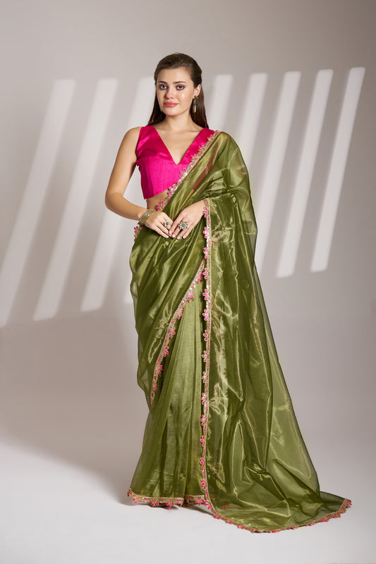 Green Color twill net saree with designer lace and unstitched blouse