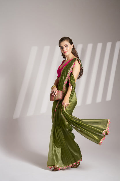 Green Color twill net saree with designer lace and unstitched blouse