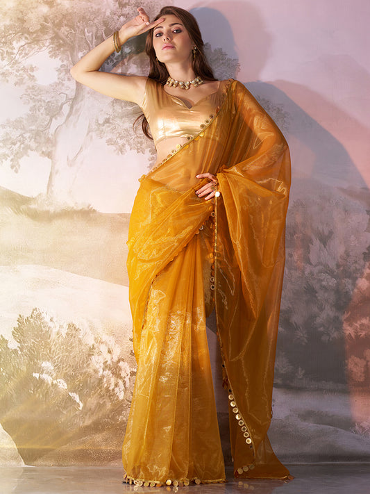 Mustard Color twill net saree with designer lace and unstitched blouse